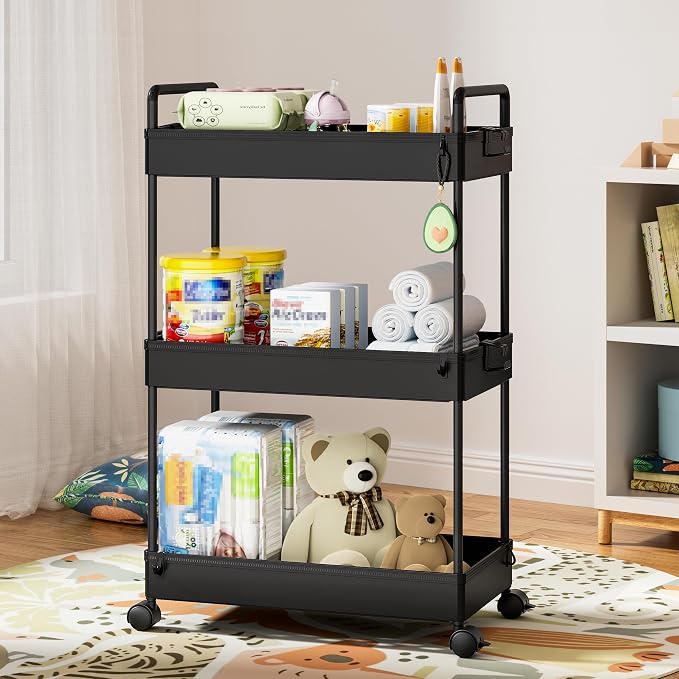 Ronlap 3 Tier Slim Rolling Storage Cart with Wheels Utility Organizer,Black | For bathroom, laundry, kitchen, bedside & dorm. Fits art, craft, snack, makeup, nail, diaper & postpartum baby supplies - Image 5