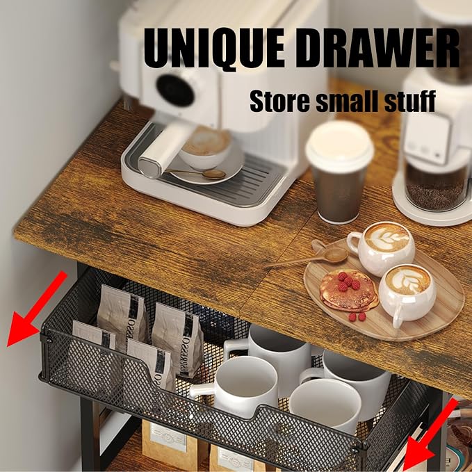 3 Tier Slim Rolling Coffee Cart with 2-Door & Pull-Out Wire Basket Drawer, Coffee Bar Cabinet on Lockable Casters, 32.7" H Microwave Cart with Storage for Home, Kitchen, Living Room (Rustic Brown) - Image 4