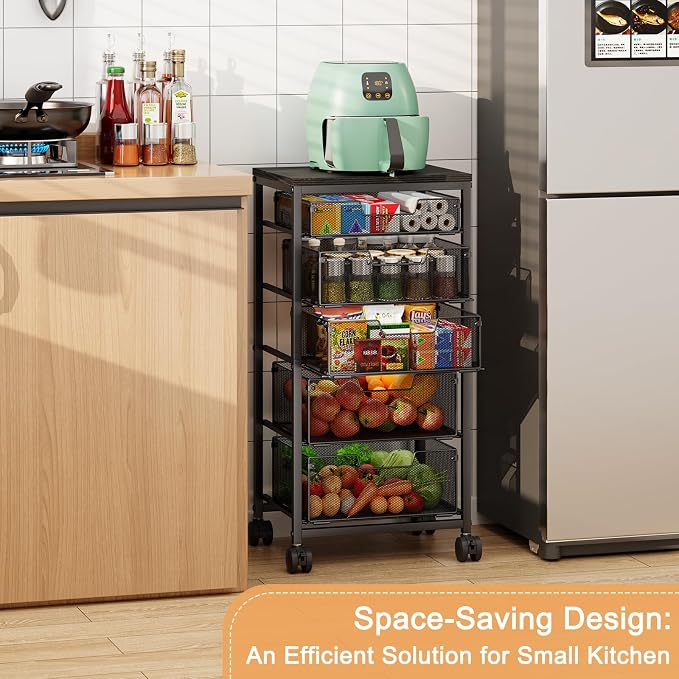 Kitchen Storage Cart with Drawer, 5-Tier Fruit Vegetable Storage Cart, Kitchen Organizer and Storage Cart with Wheels, Wooden Top Metal Wire Pantry Storage Cart rack for Fruit Snack Onion Potato - Image 4