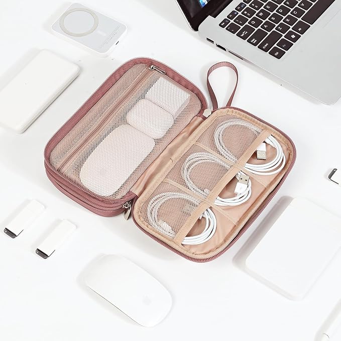 NISHEL Electronics Travel Organizer Cord Case, Charger Cable Tech Bag | Double-layer bag keeps chargers, cables, flash drive, and small tech essentials organized for trip, Medium, Rose-wood Pink - Image 7