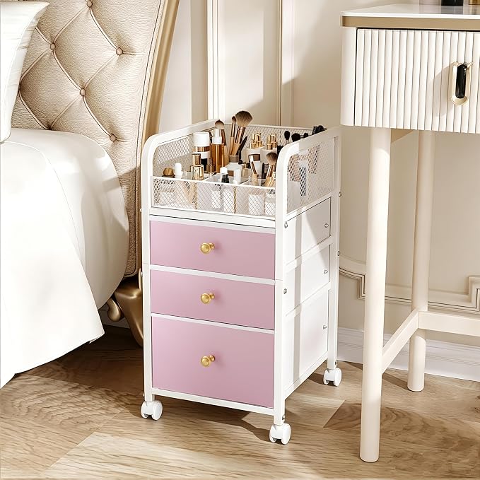 Rolling Makeup Vanity Cart Makeup Organizer with Drawers for Girls | Vanity Cart Bathroom Storage Cart Cosmetic Vanity Display Cases Holder for Nail Polish Brush Hair Tool - Image 7