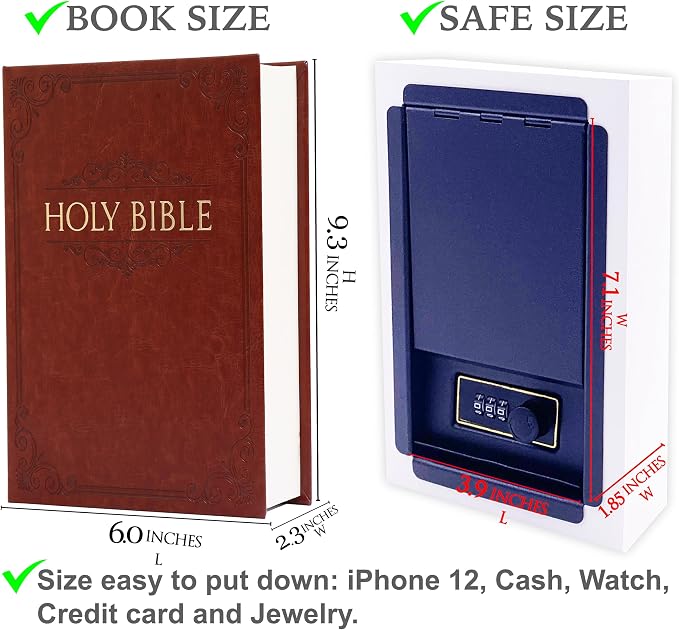 Deversion Book Safe Storage Box with Real Pages Combination Lock and Key Lock Box Money Safe Book Storage Lock Boxes for Personal Items 9.3''x6.0''x2.3'' (Bible(Brown)-Key) - Image 8