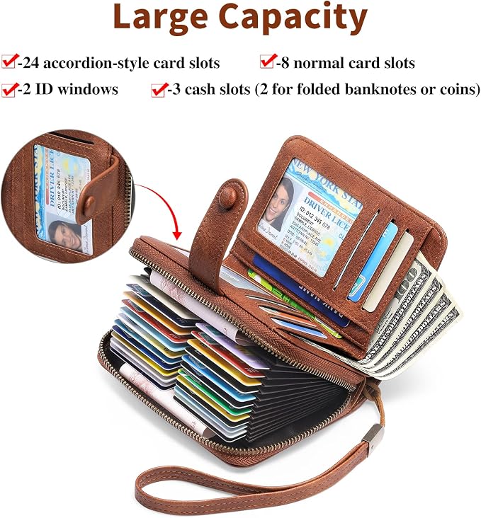 GAEKEAO Leather Credit Card Holder Wallet for Women RFID Blocking Large Capacity Bifold Zipper Card Case Organizer with Wristlet 32 Slots - Image 2