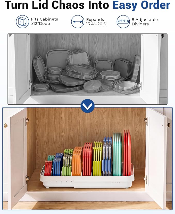 EVERIE Expandable Food Container Lid Organizer for Cabinet, Fits 12-Inch Deep or Deeper Cabinets , Adjustable 13.4" to 20.5", 8 Adjustable Dividers for lids , Drawer, Pantry and Kitchen Storage - Image 2