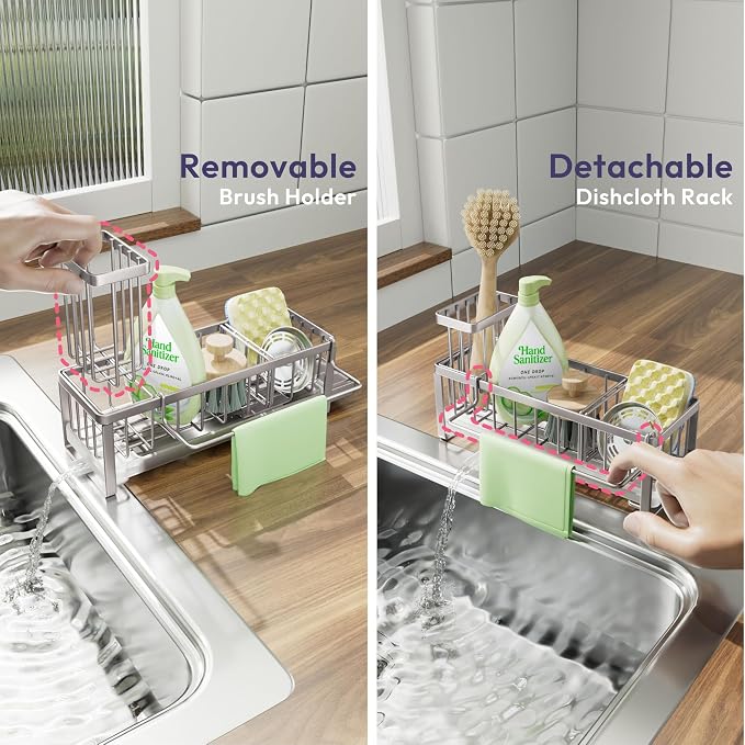 SWTYMIKI Sponge Holder for Kitchen Sink - Sink Caddy with Brush Holder Self-draining Sponge Caddy Organizer with Divider Stainless Steel Kitchen Accessories Storage for Countertop, Sand Nickel - Image 3