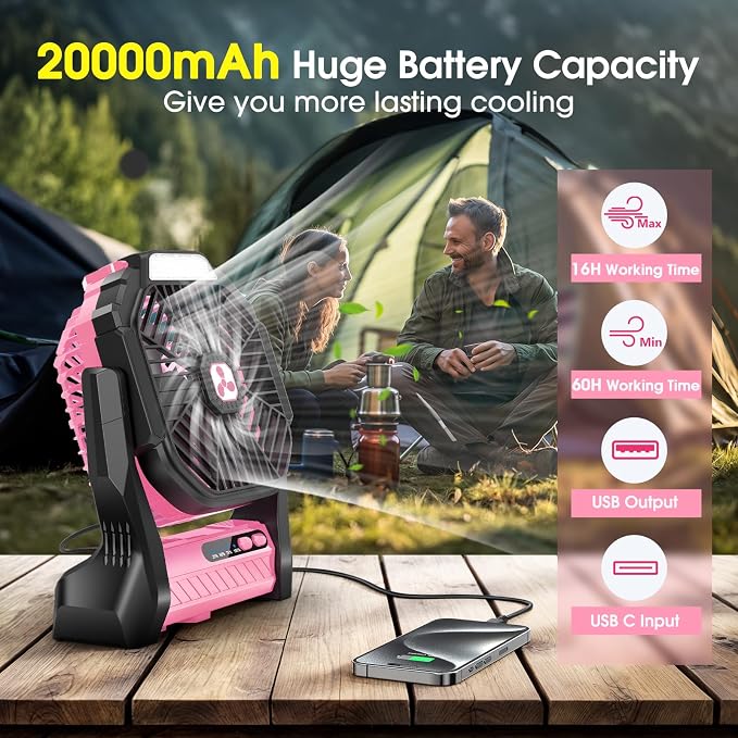Peouix Portable Rechargeable Fan, 20000mAh Cordless Battery Powered Camping Tent Fans with LED Lantern, Operated Outdoor Ventiladores for Travel Camp Fishing Office Home Essentials | Pink - Image 2