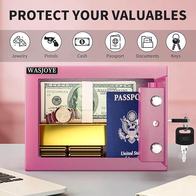 Small Safe with Key for Money, 0.25 Cu Ft Key Lock Box (Pink) | Small Safe Box Coffre Fort for Cash Jewelry Medicine Passport, Steel High Security Safety Box - Image 2