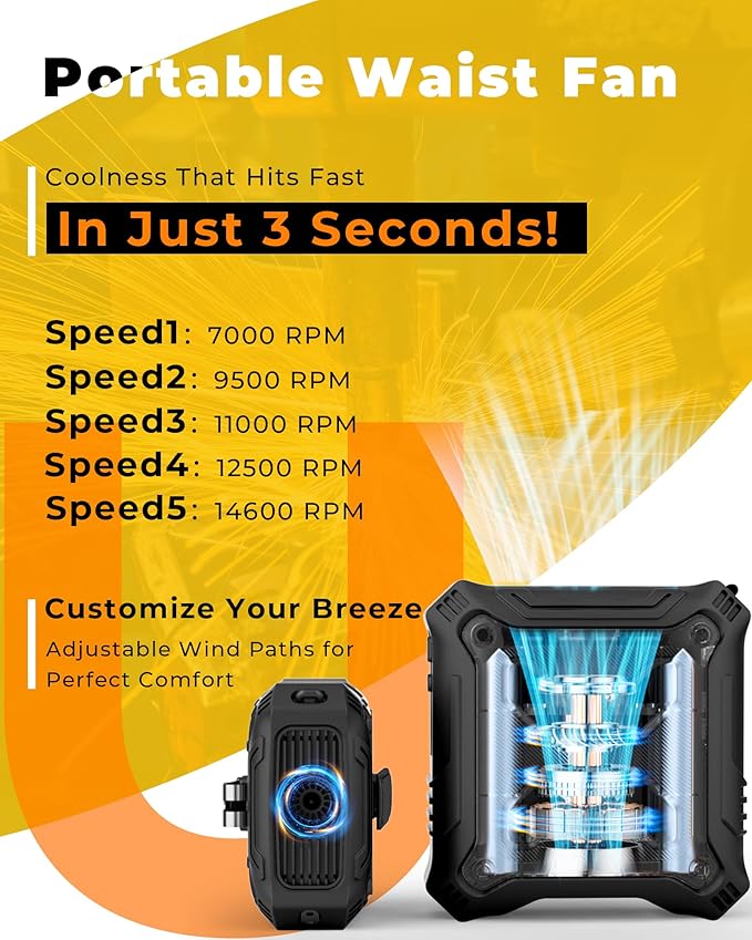 TUNISE Portable Fan with 5-Speed Settings, Dual-Sided Clip on Wearable Belt Waist Fan for 8000mAh, 2 Settings including Flashlight,Travel Essential for Outdoor Camping as Power Bank - Image 3