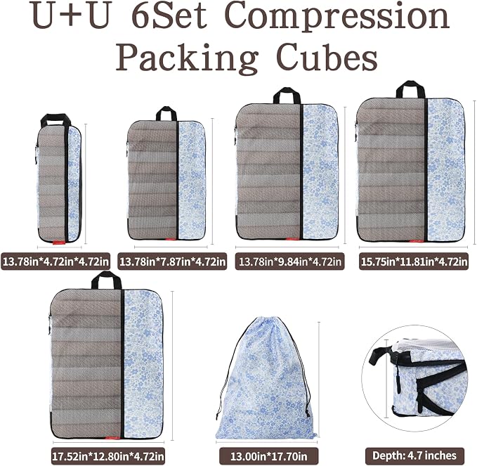 U+U 6 Set Compression Packing Cubes, Travel Organizers (Blue Flower) | Space-Saving & Drawstring Bag Included - Image 5