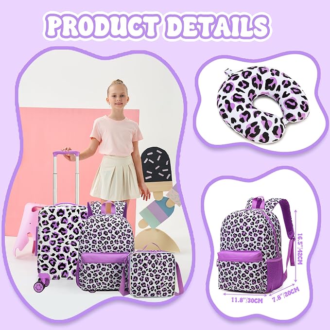 Kid's Hardshell Luggage Sets 5 Piece Rolling Suitcases with Wheels for Girls Women 16 '' Carry on Luggage Toddler Travel Suitcase Set - Image 4