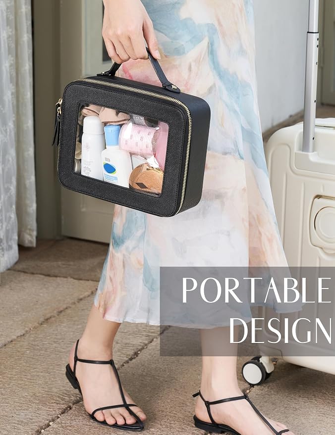 Large Capacity Clear Toiletry Bag for Women Travel Makeup Bag Black | Structured Mahjong Tile Bag with Zipper and Handle, Big Long-trip Cosmetic Case, Waterproof PU Leather, Wide Open Portable - Image 6