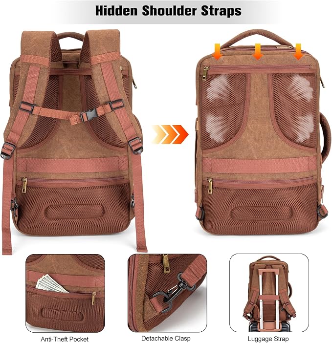 Tzowla 40L Canvas Expandable Travel Laptop Backpack for Men Women Carry on Flight Approved,Large Capacity Anti Theft Backpacks,Vintage Personal Item Bag Fit 17.3" Laptop(Brown & Khaki) - Image 5