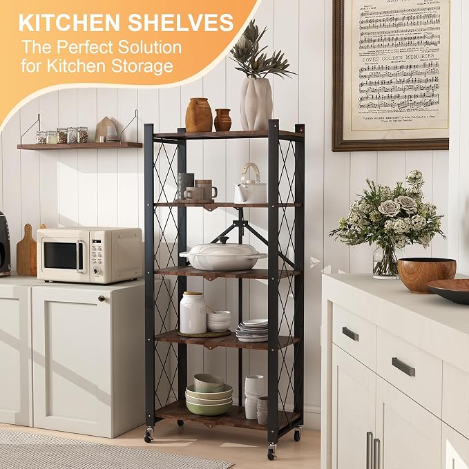 5-Tier Foldable Storage Shelves with Wheels,Folding Bookshelf no Assembly | Folding Metal Shelf Unit, Collapsible Shelves for Craft Shows for Kitchen, Bedroom, Living Room, Rustic Brown - Image 2