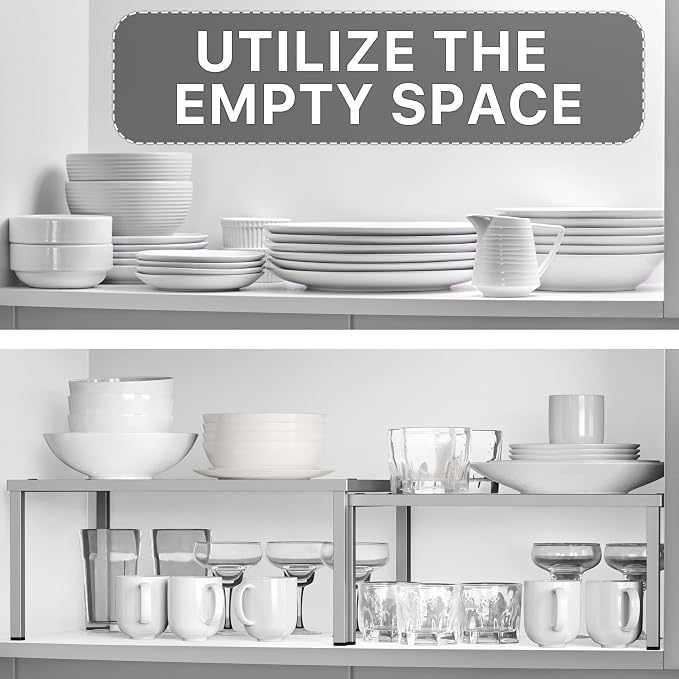 Simple Houseware Cabinet Counter Shelf Organizer w/Steel Surface, Silver | Expandable & Stackable 9" D x 12.75" W x 5.9" H - Image 5