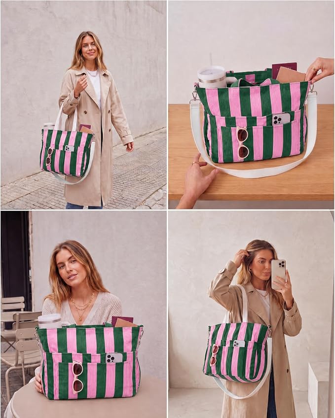 Kacctyen Striped Beach Tote Bag for Women Large Beach Foldable Tote Bag with Zipper Pockets for Travel Pool - Image 7