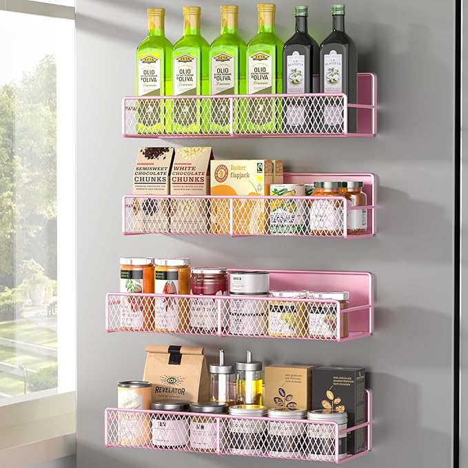 DTUQYX Magnetic Spice Rack for Refrigerator, 4 Pack 100% Metal Strong Magnet Fridge Shelves, Space Saving Spice Organizer, No Drilling Moveable Home Kitchen Laundry Room Storage Organization, Pink by DTUQYX
