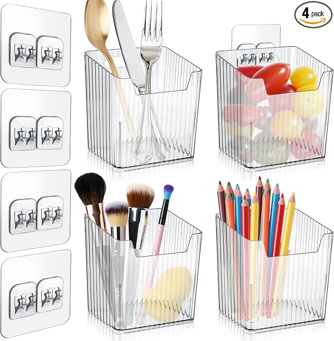 4 Pack Acrylic Wall Mount Organizer, Adhesive Cabinet Door Storage Bins, Clear Makeup Containers, Stackable Organizer Basket for Kitchen, Bathroom, Cabinet, Pantry, Office by MZYIWUU