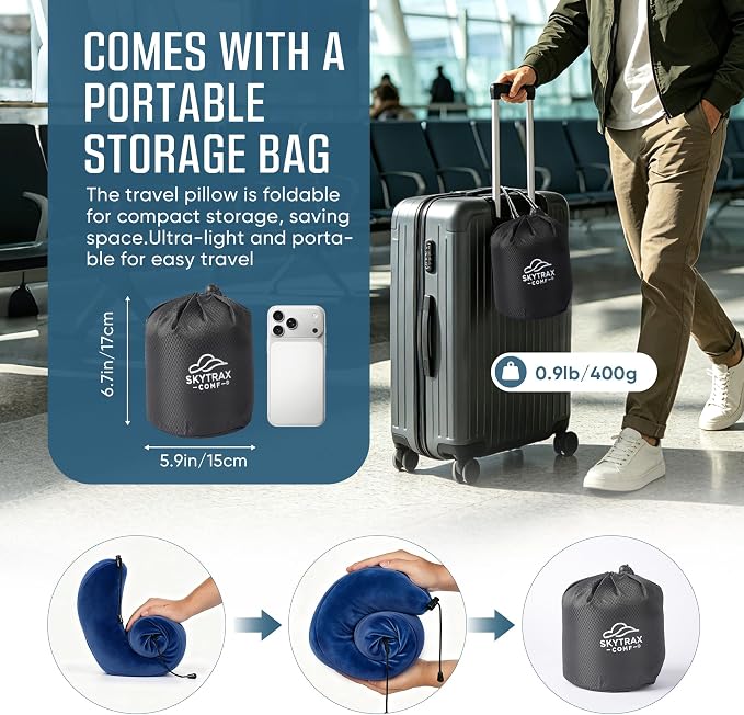 SkytraxComf® Travel Neck Pillow with Hood for Privacy on Long Flights | Memory Foam | Airplane Sleep | Safety-Tested Materials | Extra Large Hood | Chin Support | Earplugs | Washable Cover - Image 8