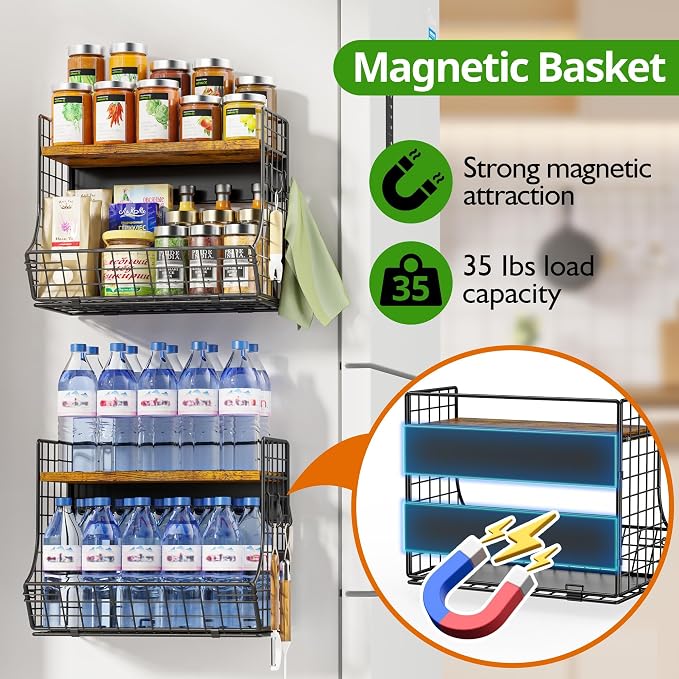 2 Pack Magnetic Shelf for Fridge with Wood Lid, Fruit Potato and Onion Storage Bins, Pantry Organizers and Storage, Strong Magnetic Spice Rack for Refrigerator, Kitchen Counter and Laundry Room - Image 2
