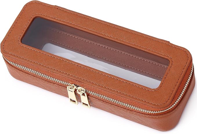 Pinkmik Makeup Brush Case, Brown, Slim | Clear Travel Cosmetic & Toiletry Bag, Small with Zipper, Purse Organizer, Car Essential Bag for Women by Pinkmik