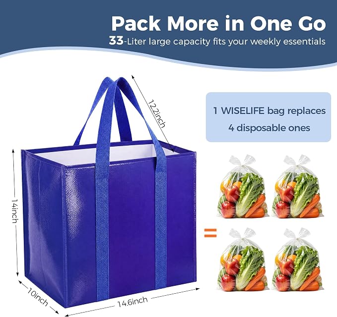 Reusable Grocery Bags, Waterproof & Foldable Shopping Bags Stand Upright | Heavy Duty Shopping Tote Bags, Waterproof & Foldable with Long Handles for Bulk Shopping, Versatile Storage 4 Pack-33L - Image 2