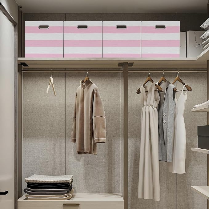 Posprica Storage Bins Storage Cubes,13×13 Collapsible Storage Boxes Containers Organizer Baskets for Nursery,Office,Closet,Shelf - 4pcs,Pink-white Striped - Image 4