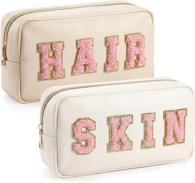 Preppy Makeup Bags Chenille Letter Stuff Bag Nylon Cosmetic Pouch Cases with Zipper for Women Travel Toiletry(Cream Color,Classic,2 Pcs) by Cunno