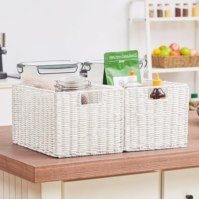 Wicker Storage Basket, Set of 2 Hand-Woven Paper Rope Wicker Basket, Large Storage Baskets for Organizing, Foldable Large Cube Storage Organizer Bins for Shelves (White) - Image 6
