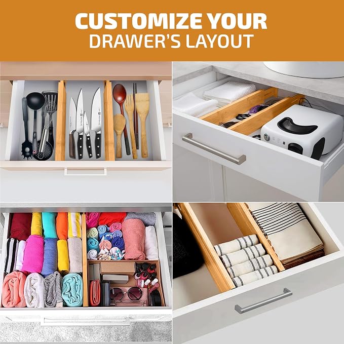 4-Pack Bamboo Drawer Dividers - 2.6 Inches High, Adjustable 12 to 17 Inches Expandable Drawer Organizer Dresser Separator for Clothes, Utensils, Bedroom, Bathroom, Kitchen, Office Storage Organization - Image 4