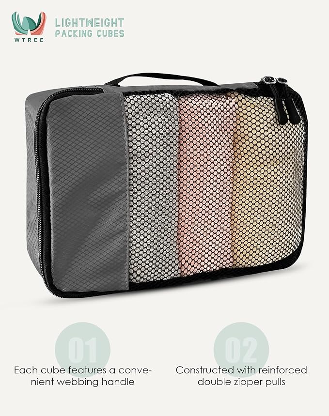 WTREE 4-Piece Packing Cubes Travel Accessories Set for Suitcases - Luggage Organizer Bags with Double Zipper - Mesh Top - Small/Medium/Large/Slim - Dark Grey - Image 4