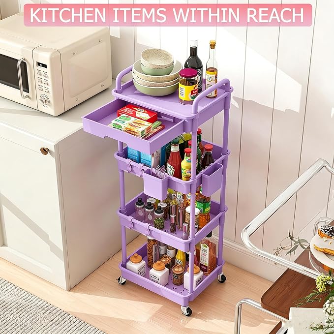 REBECAT 4 Tier Rolling Cart with Drawer, Utility Storage Cart on Wheels for Kitchen, Bathroom, Living Room,Office(Purple) - Image 5