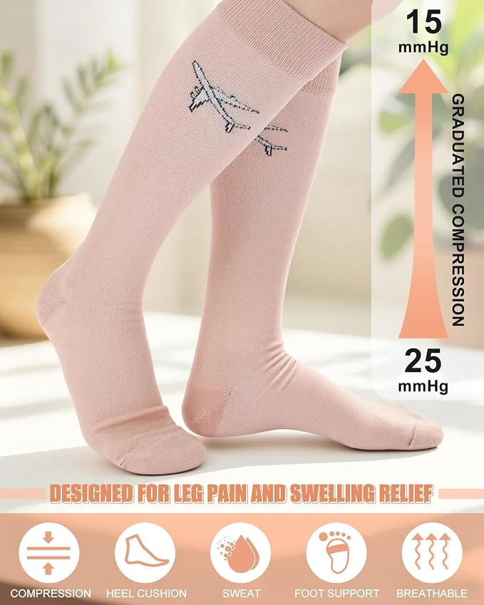 Skicuff 4 Pairs Travel Compression Socks for Women Men | 15-25mmhg Graduated Knee High Socks, Flying Support Stockings for Long Haul Flight, Nurses, Airplane, Travel, Pregnancy - Image 4