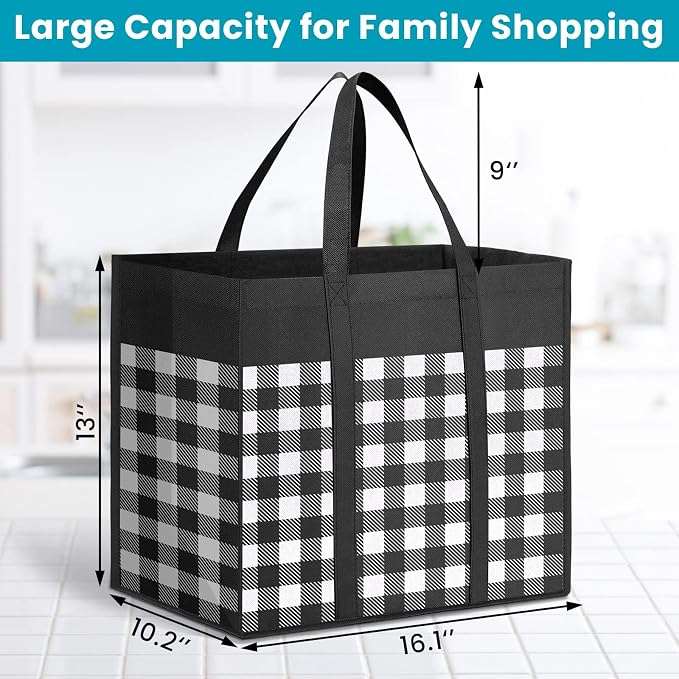WOWBOX Reusable Grocery Bags,10-Pack, Foldable Reusable Shopping Tote Bags bulk with Reinforced Handles,Large Storage Bags with Water Resistant Coating for Groceries,Multipurpose,Black-White - Image 4