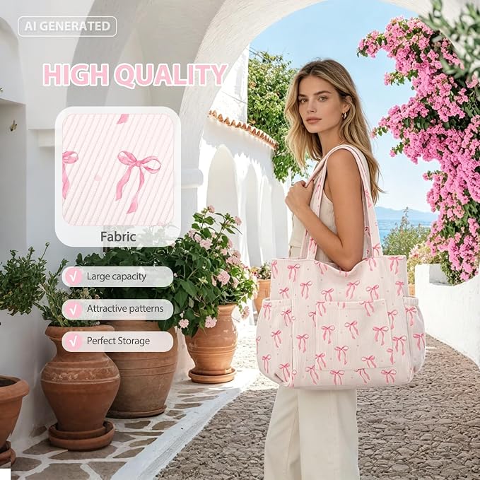 Corduroy Tote Bag for Women,Large Capacity Cute Tote Bags With 6 Pockets,Crossbody Shoulder Handbag for Work Travel Gym - Image 4