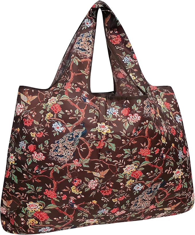 allydrew Large Foldable Tote Nylon Reusable Grocery Bags, Peacocks & Peonies by allydrew