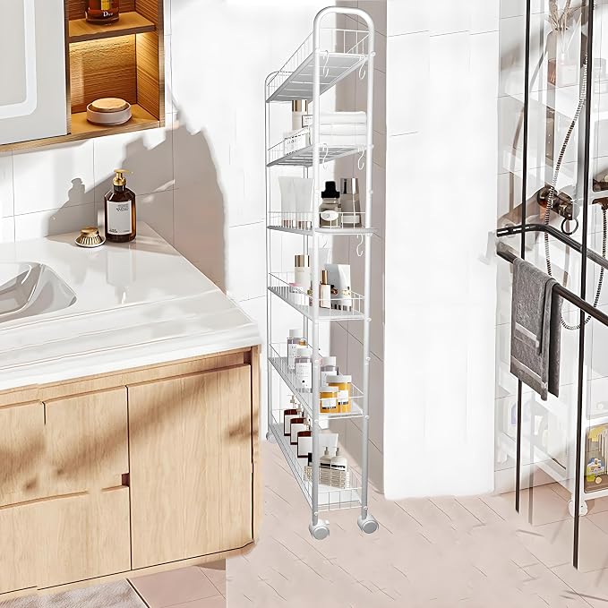 6in 6 Tier Slim Storage Cart with Wheels,Narrow Space Rolling Shelving Unit with Handle, Metal Wire Mobile Organizer Rack for Kitchen Bathroom Office Laundry - Image 3