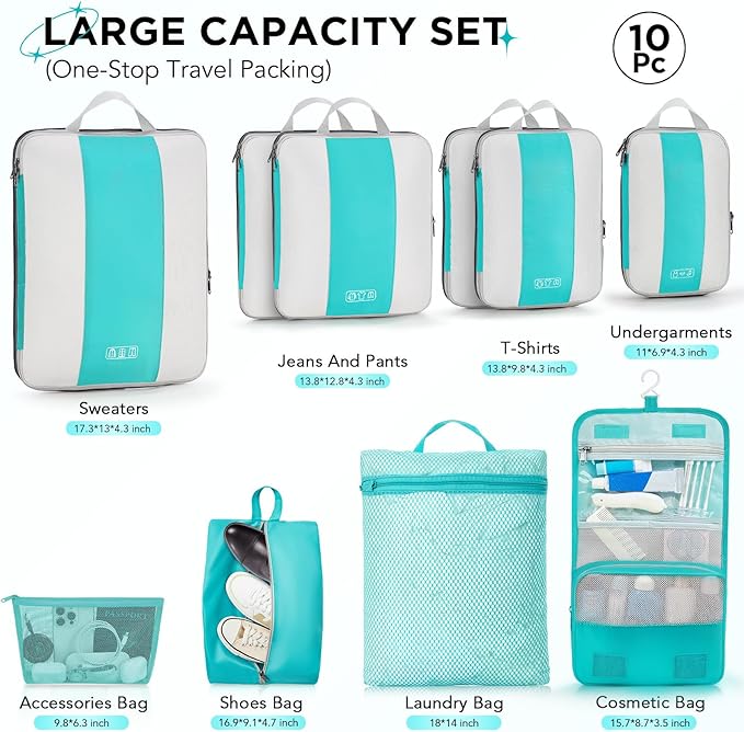 OlarHike 10 Set Compression Packing Cubes for Travel Essentials,Compressible Expandable Space Saver Bags for Organizing Clothes,Luggage Suitcase Garment Bags with Over 1000 pcs Mesh Holes(Blue Green) - Image 2