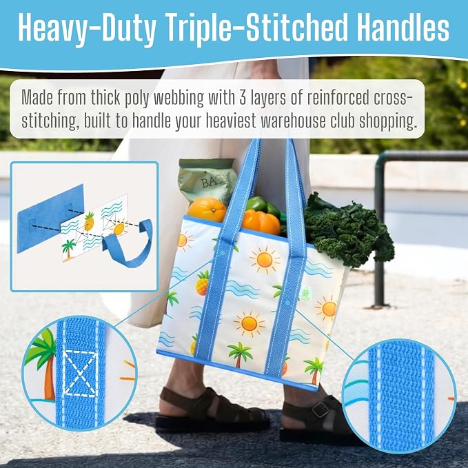 VENO 3 Pack Reusable Grocery Shopping Bags Utility Tote w/Sturdy Handles | Heavy Duty Storage Box with Hard Bottom, Foldable Picnic Basket for Groceries Shopping Cart Trunk(Tropical Island, 6 Gallon) - Image 3