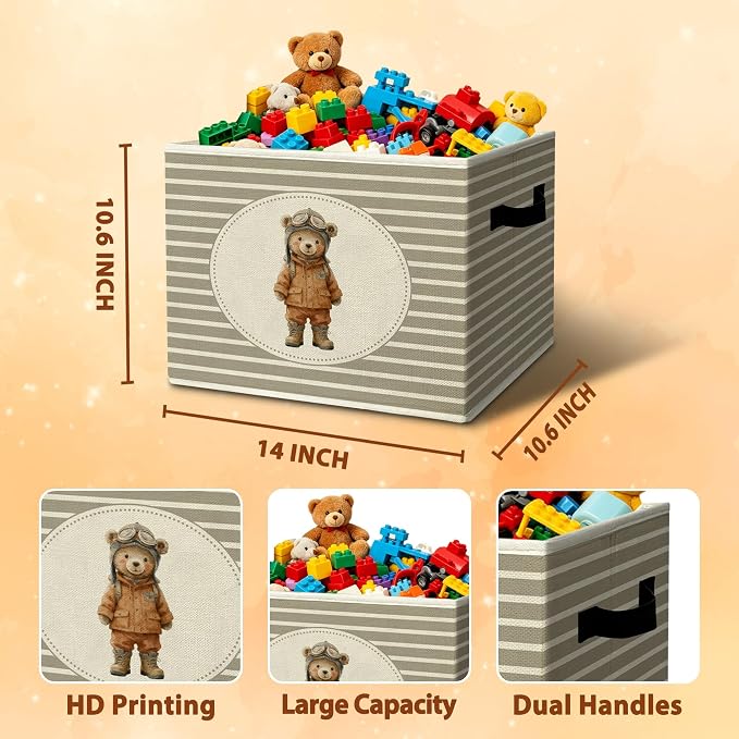 Rustic Aviation Bear Storage Bins Boxes with Handles | toys books clothes, grey striped nursery foldable basket for organizing bedroom toddler room playroom - Image 3