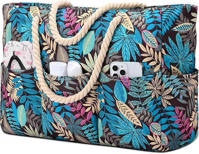 Becokan Beach Bags for Women Canvas Large Beach Tote Bag Zipper Waterproof Sandproof Foldable Swim Pool Bag with 7 Pockets by BecokanBeachBagSpecialist
