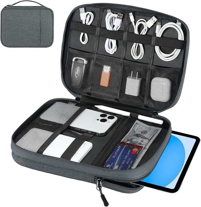 Dadanism Electronics Travel Organizer Case, Double Layers Cord Organizer | Travel All-in-One Storage Bag for Cable, Cord, iPad, Chargers, fits 9-11'' Tablets, Portable Tech Accessories Bag, Space Gray by Dadanism