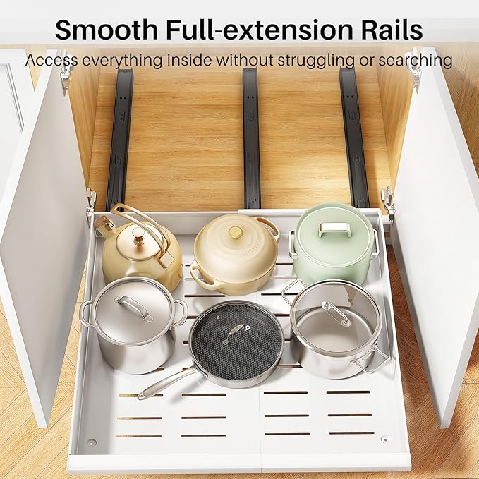 Pull out Cabinet Organizer, 4-Pack Expandable(13.6"-24") Silde out Drawers with Raising Pad for Framed Cabinets, Adjustable Full-Extension Adhesive Roll out Shelves for Kitchen Pantry Home Pot and Pan - Image 5