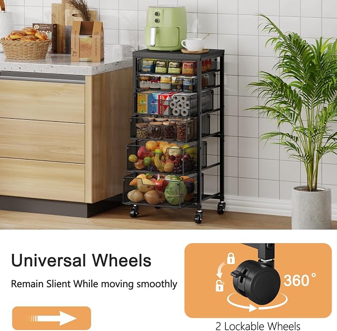 6-Tier Kitchen Storage Cart -Fruit Vegetable Storage Cart with Drawers, Wooden Top Metal Wire Kitchen Organizer and Storage Cart with Wheels to Storage Onions Potatoes Cans Snacks for Kitchen - Image 2