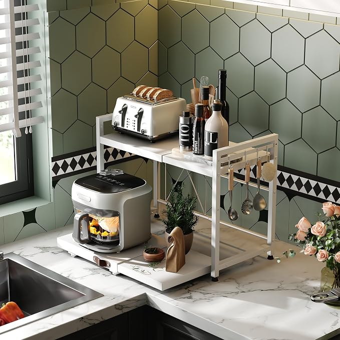 2 Tier Expandable Microwave Stand countertop,Microwave Oven Rack | Pull-Out Microwave Shelf, storage shelves for pans &appliances,Adjustable partition height，8 Hooks,55lbs max load,White - Image 2