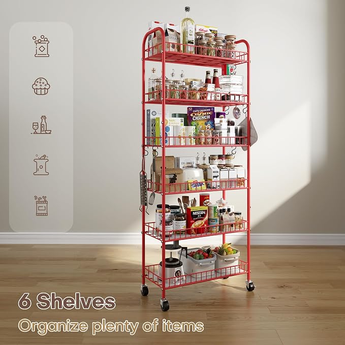 Slim Rolling Storage Cart, 6 Tier Metal Kitchen Rolling Utility Cart with Lockable Wheels for Kitchen, Bathroom, Laundry Room, Small Narrow Spaces (Red 10 Inches) - Image 8