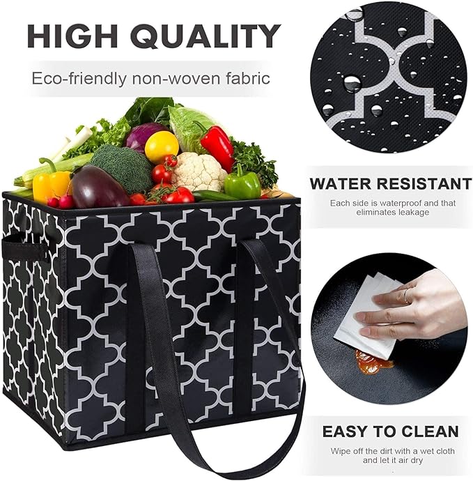 WISELIFE Reusable Grocery Bags 3-Pack Foldable Washable Large Storage Bins Basket Water Resistant Shopping Tote Bag Black | Water Resistant Shopping Tote Bag Bins - Image 4