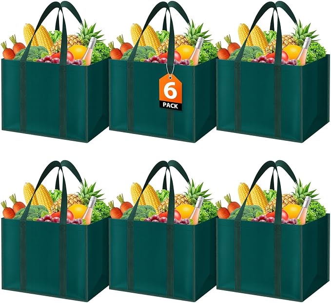 WISELIFE Reusable Grocery Bags, Foldable, Lasting Use, 35L, 6 Pack, Green | Large Shopping Bags with Reinforced Stitching, Water-Resistant Grocery Totes for Kitchen, Market, Car Trunk, Picnic by WiseLife