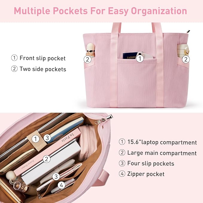 Tote Bag for Women, Casual Hobo Handbags with Compartments | Water Repellent Corduroy Large Capacity Fits 15.6" Laptop Zipper Closure for Travel Work School - Image 8