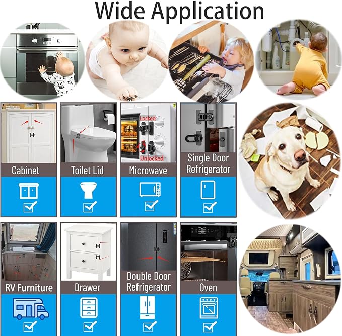 Refrigerator Lock Child Safety, No Drill Adhesive RV 180° Swivel | 90° Twist One-hand, Fits French Fridge, Freezer, Cabinet. Renter Friendly. Toddler & Petproof 2PCS for Camper, Boat & Trailer - Image 5