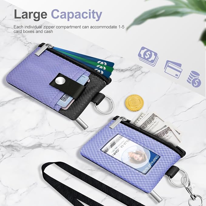 Minimalist RFID Blocking Small Wallet with ID Window,WaterResistant Zip Id Case Wallet with Lanyard Keychain for Cards,Cash,Travel,Women,Men (Lavender Purple/DarkGrey) - Image 7